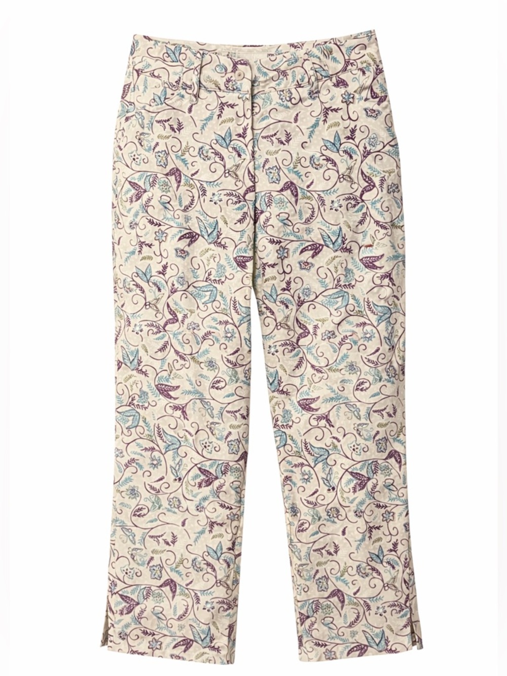 Express Floral Cropped Pants Size 3/4 Beige Pink Aqua Stretch Ankle
